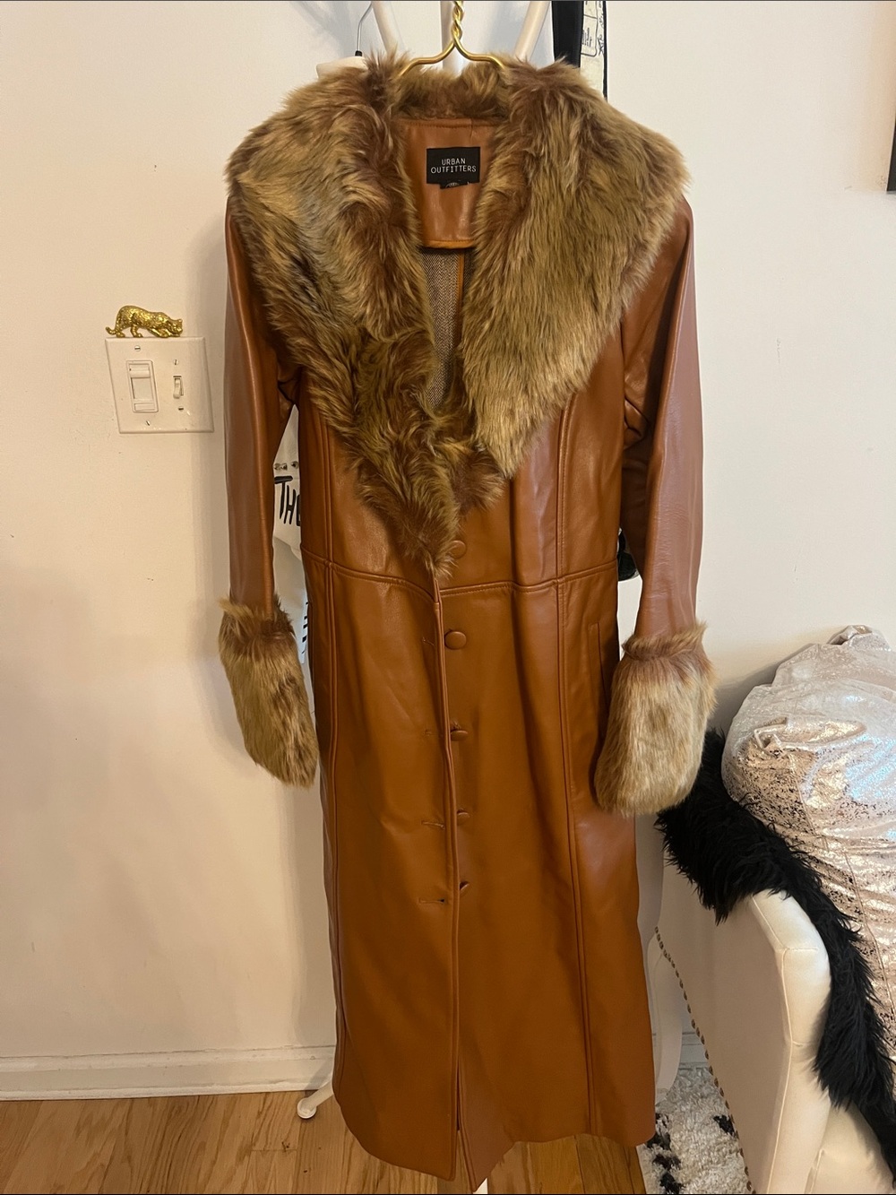 Urban Outfitters Cognac Faux Leather Trench Coat with Faux Fur Trim